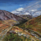 lake district art original acrylic painting by local artist cally lawson colourful view down the valley from red tarn beck descending helvellyn