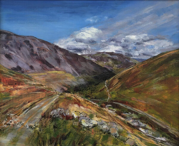lake district art original acrylic painting by local artist cally lawson colourful view down the valley from red tarn beck descending helvellyn