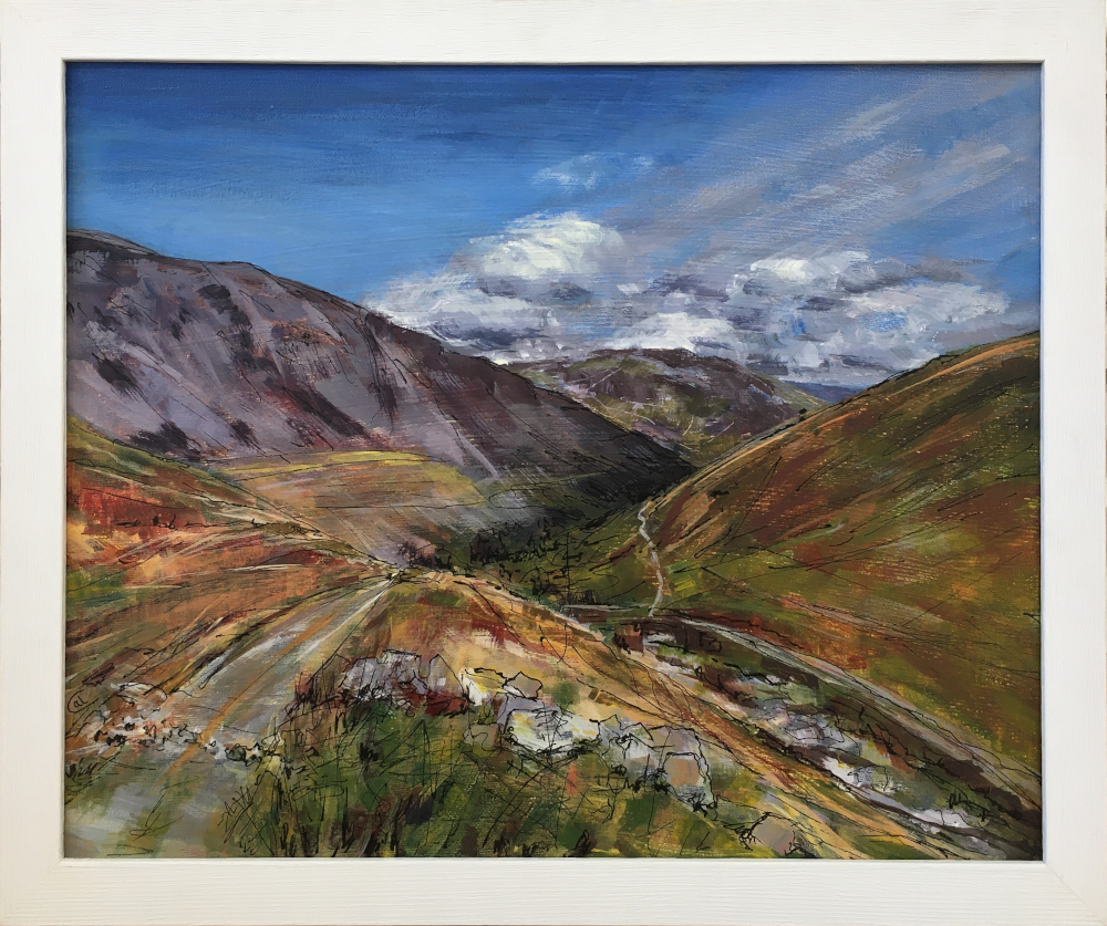 Original acrylic painting Descent to Glenridding by Cumbrian artist Cally Lawson framed
