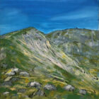 lake district art original acrylic on canvas by local artist cally lawson dow crag and old man of coniston blue sky sunny day mountain views fell walking