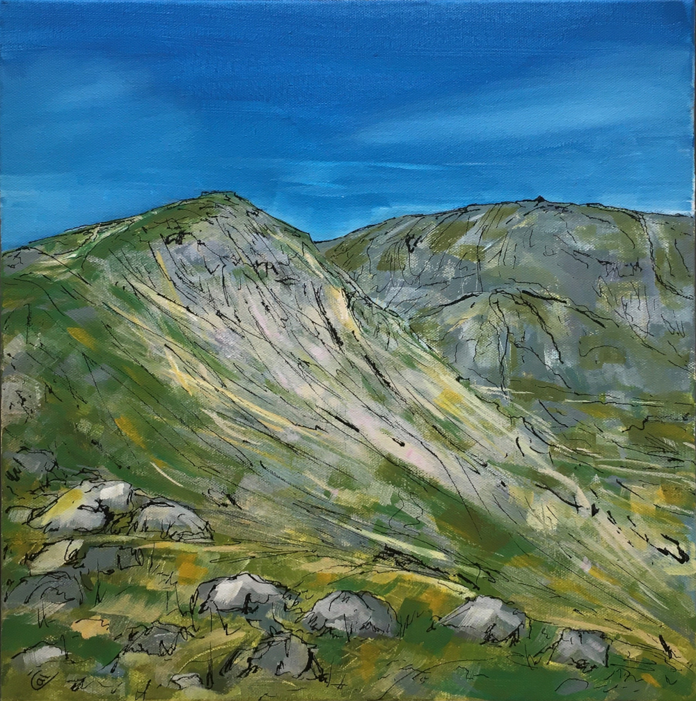 Cally Lawson - Dow Crag Old man of Coniston lake district art original acrylic on canvas by local artist cally lawson dow crag and old man of coniston blue sky sunny day mountain views fell walking