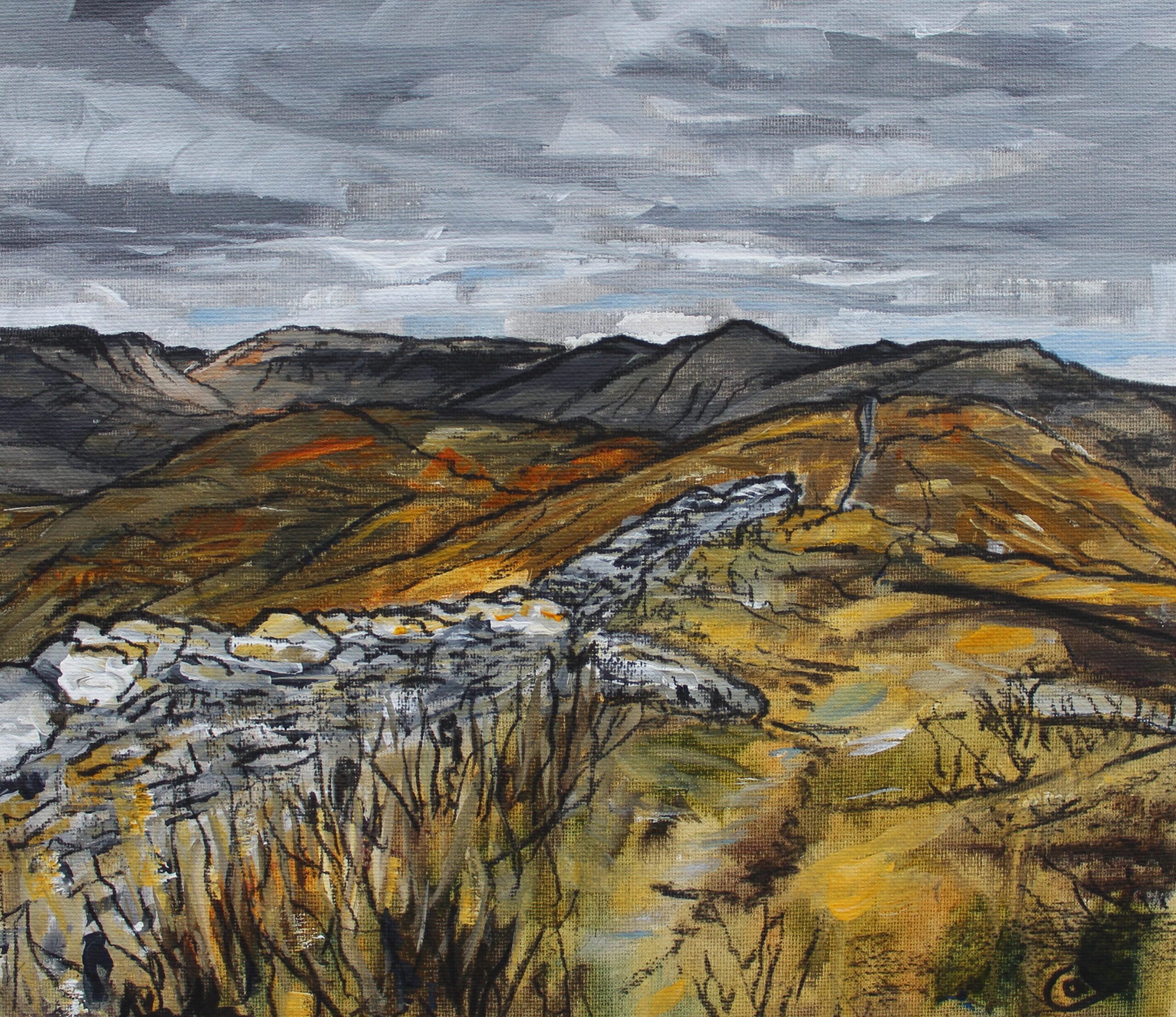Cally Lawson - Towards Baystones (Wansfell) lake district art original acrylic and charcoal painting by local artist Cally Lawson a view from high on wanfell near windermere ambleside to ill bell ridge and troutbeck valley