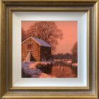 lake district art original painting by edward hersey oil on board of old english countryside barn farm in winter snow with river swans church framed
