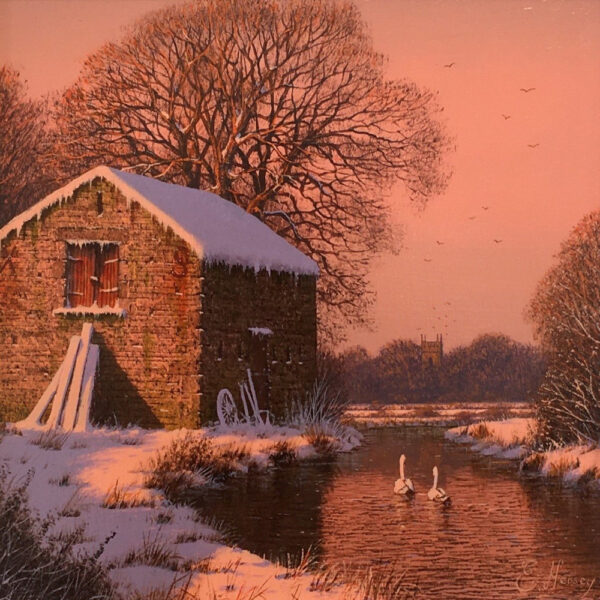 lake district art original painting by edward hersey oil on board of old english countryside barn farm in winter snow with river swans church