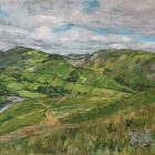 lake district art original acrylic painting on canvas by local artist cally lawson Hallin Bank (Martindale) near Ullswater features a green landscape beneath a cloudy sky with black line work