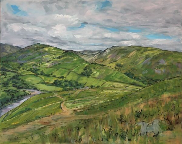 lake district art original acrylic painting on canvas by local artist cally lawson Hallin Bank (Martindale) near Ullswater features a green landscape beneath a cloudy sky with black line work