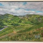 lake district art original acrylic painting on canvas by local artist cally lawson Hallin Bank (Martindale) near Ullswater features a green landscape beneath a cloudy sky with black line work