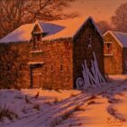 lake district art original painting by edward hersey oil on board of old english countryside barn farm in winter snow with chickens pecking around
