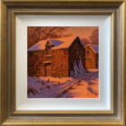 lake district art original painting by edward hersey oil on board of old english countryside barn farm in winter snow with chickens pecking around