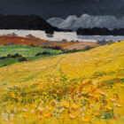 lake district art original oil painting by jeff sudders a view over windermere with wildflower meadow foreground and a stormy view to langdale pikes