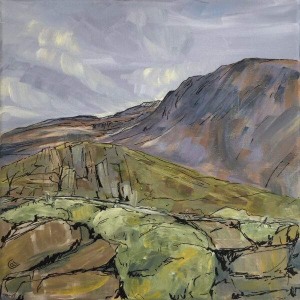 lake district art original acrylic painting on canvas by local artist cally lawson Moss on a Dry Stone Wall St John's in the Vale a contemporary painting near Keswick and Thirlmere