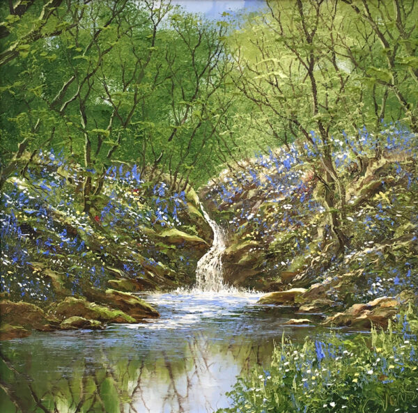 lake district art original oil painting by terry terence evans inspired by the lakes in spring with bluebells by a cascading river beck waterfall