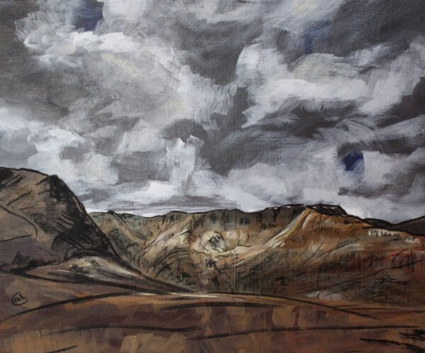 lake district art oroginal acrylic and charcoal on canvas by local artist cally lawson patterdale nethermost cove striding edge helvellyn moody skies