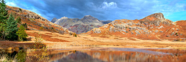 lake district art photography photographic print by local photographer jon allison of blea tarn and the langdale pikes on a bright sunny day in autumn