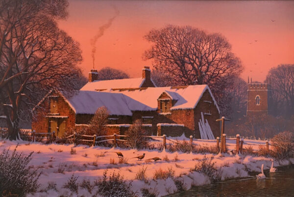 lake district art rural countryside british farm art by edward hersey snow covered fields with swans pheasants and wildlife in a glowing dawn