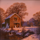 lake district art original oil painting by british artist edward hersey depicting english countryside in winter with swans by a river and rich dawn sunlight in pink and orange with farm and church