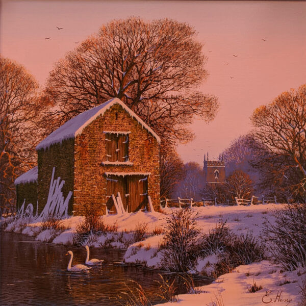 lake district art original oil painting by british artist edward hersey depicting english countryside in winter with swans by a river and rich dawn sunlight in pink and orange with farm and church