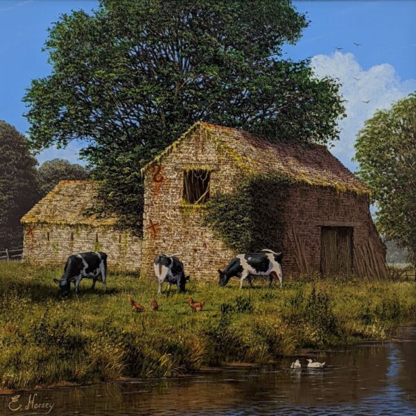 original oil painting by edward hersey a traditional summer english countryside scene with a farm barn - dairy cows chickens and ducks