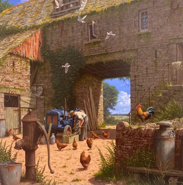 lake district art original oil painting by edward hersey british countryside rural farm agricultural art of a farmyard busy with chickens and birds in a sunny harvest time