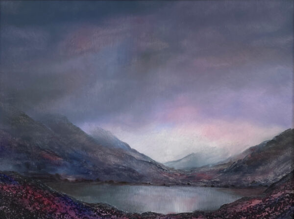 lake district art by peter dworok ennerdale valley mountains lake and fells in sunset twilight colours with a heavy moody atmospheric sky