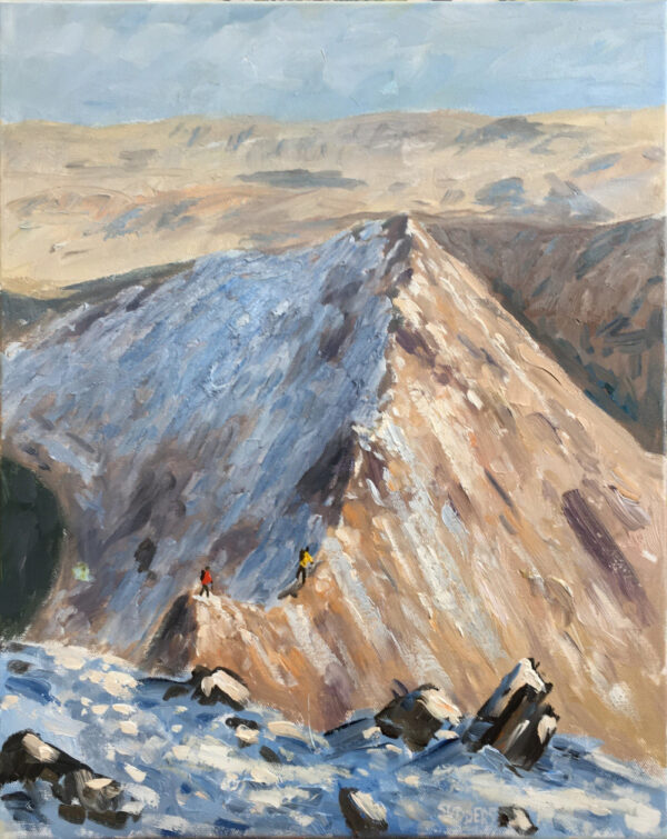 lake district art original oil painting by local artist jeff sudders on canvas striding edge snowy helvellyn ridge red tarn