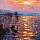 Lake district art by Andrew Grant-Kurtis. Sunshine Breeze Derwentwater features a reflective pink and purple sunset over the lake with distant mountains boats and trees.