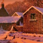 original oil painting by edward hersey a winter english countryside scene with a farm barn covered in snow with a rosy sun glow and pheasants in front