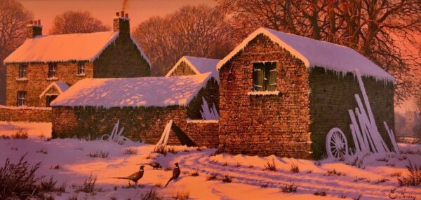 original oil painting by edward hersey a winter english countryside scene with a farm barn covered in snow with a rosy sun glow and pheasants in front