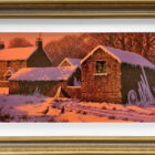 original oil painting by edward hersey a winter english countryside scene with a farm barn covered in snow with a rosy sun glow and pheasants in front