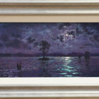 lake district art by Andrew Grant Kurtis. moonlight sparkle from elterwater impasto oil painting featuring blue purple reflections and langdale pikes silver frame