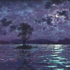 lake district art by Andrew Grant Kurtis. moonlight sparkle from elterwater impasto oil painting featuring blue purple reflections and langdale pikes