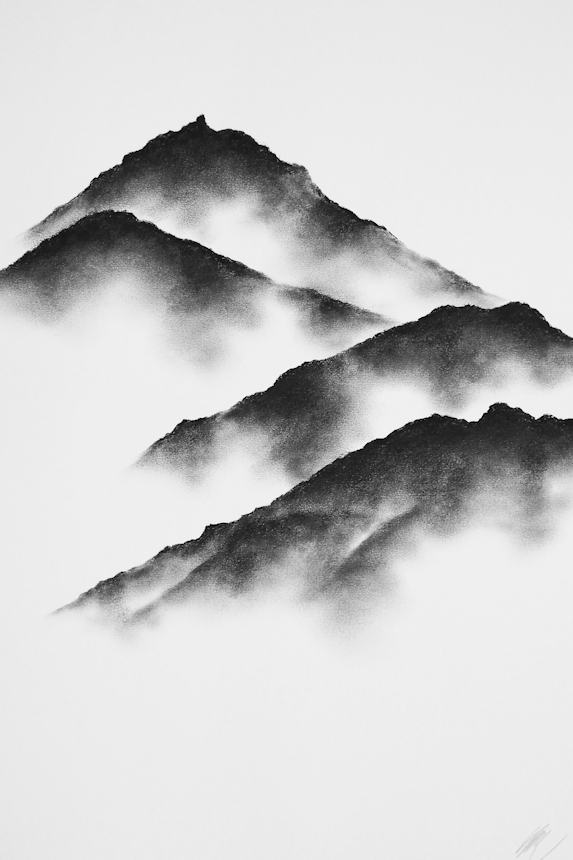 lake district art limited edition print by local artist daniel cooper layered silhouettes of hlm crag fells and mountains around grasmere in charcoal