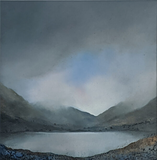 lake district art original oil and mixed media painting by artist peter dworok featuring an atmospheric heavy bad weather view of derwentwater near keswick