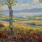 lake district art original oil painting by local artist jeff sudders landscape view early autumn by windermere overlooking fells fields from woodland