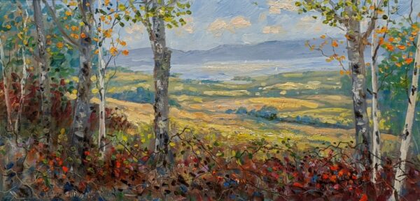 lake district art original oil painting by local artist jeff sudders landscape view early autumn by windermere overlooking fells fields from woodland