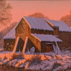 lake district art original oil painting by artist edward hersey featuring farm barns in snow with rich orange and pink dawn light