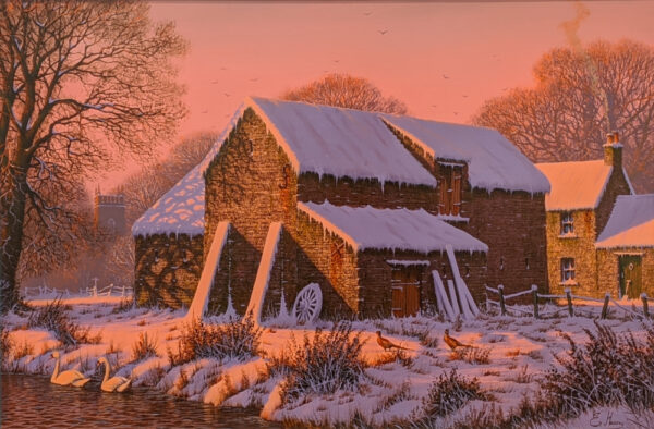 lake district art original oil painting by artist edward hersey featuring farm barns in snow with rich orange and pink dawn light