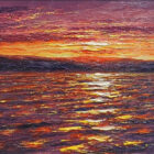 lake district art panoramic original oil painting of sunset by derwentwater by andrew grant kurtis thick textured empasto oil painting with outlines of the mountains in silhouette