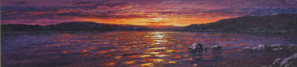 lake district art panoramic original oil painting of sunset by derwentwater by andrew grant kurtis thick textured empasto oil painting with outlines of the mountains in silhouette