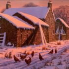 lake district art original oil painting by master painter edward hersey english countryside rural farm agricultural art with pheasants and farm buildings in snow with amazing dawn light
