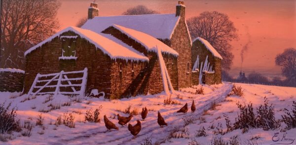 lake district art original oil painting by master painter edward hersey english countryside rural farm agricultural art with pheasants and farm buildings in snow with amazing dawn light
