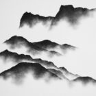 lake district art limited edition print by local artist daniel cooper minimalist charcoal bold line drawing of langdale pikes from windermere in layered format of the fells and mountains