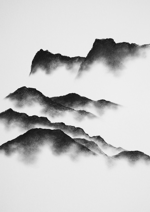 lake district art limited edition print by local artist daniel cooper minimalist charcoal bold line drawing of langdale pikes from windermere in layered format of the fells and mountains