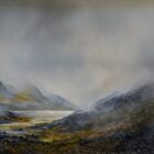 lake district art by peter dworok original oil and mixed media painting with moody and atmospheric vibes heavy skies and a view of Ullswater with the neighbouring fells