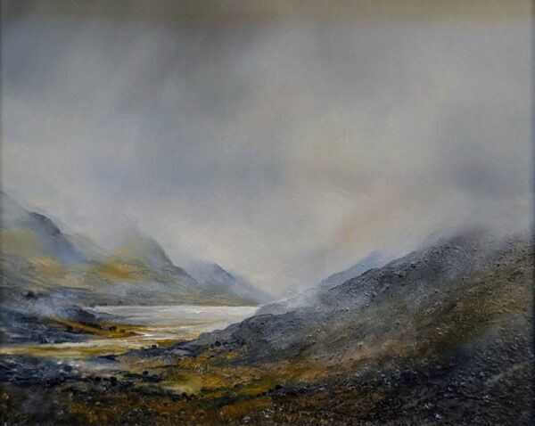 lake district art by peter dworok original oil and mixed media painting with moody and atmospheric vibes heavy skies and a view of Ullswater with the neighbouring fells