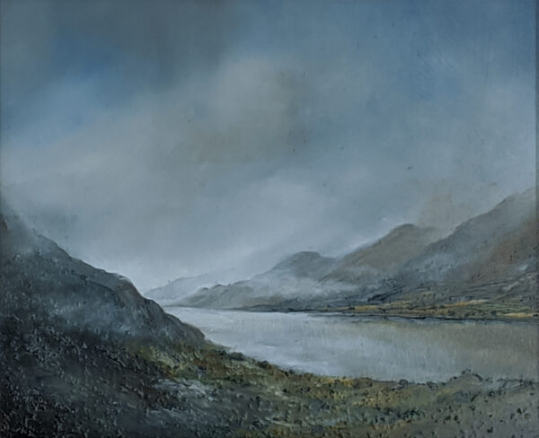 lake district art original oil and mixed media painting by artist peter dworok featuring an atmospheric heavy bad weather view of Ullswater