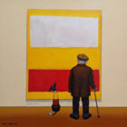 lake district art original oil painting by chris chapman in the style of mark rothko abstract painting with old gentleman and his dog viewing in gallery series