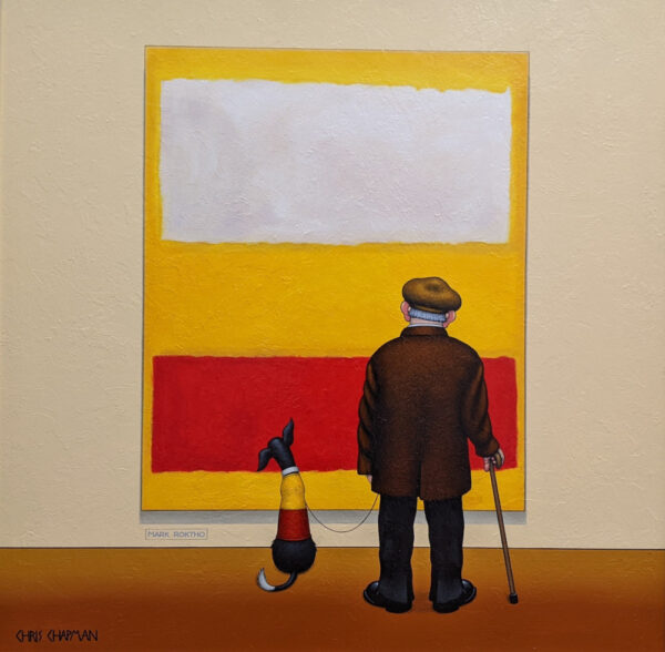 lake district art original oil painting by chris chapman in the style of mark rothko abstract painting with old gentleman and his dog viewing in gallery series