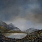 lake district art original oil and mixed media painting of buttermere by peter dworok with moody skies and heavy cloud atmosphere and earthy tones of moss in foreground