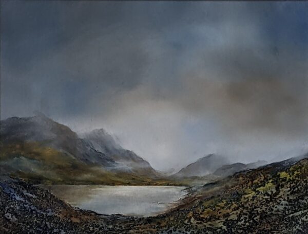 lake district art original oil and mixed media painting of buttermere by peter dworok with moody skies and heavy cloud atmosphere and earthy tones of moss in foreground